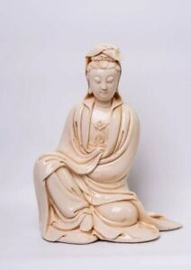 Old Dehua He Chaozong Large White Porcelain Guanyin Seat Decoration