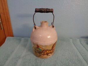 Small Antique Crock Whiskey Jug Wooden Wire Handle With Horse Cart Applied