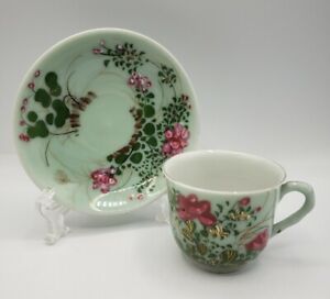 Antique Chinese Export Celadon Famille Rose Decorated Porcelain Cup Saucer Set