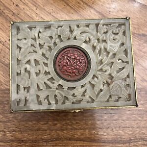 Antique Brass Carved Jade And Lacquer Chinese Footed Cigarette Box