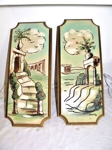 Pair Mid Century Hand Painted Wooden Wall Art Plaques Paintings Italian Vintage