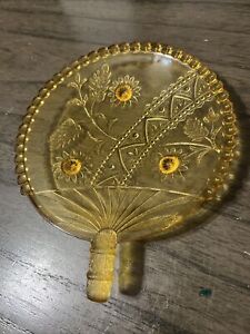 Amber Color Flower Pattern Fan Shape Vintage Antique Pattern Glass Dish Plate