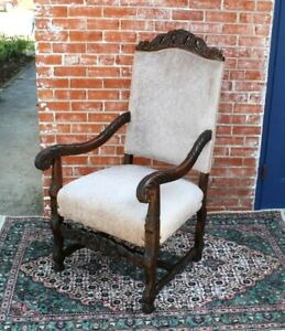 French Antique Upholstered Renaissance Carved Oak Armchair White Gray
