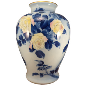 Japanese Fukagawa Seiji Arita Porcelain Large Vase Blue Yellow Roses Japan