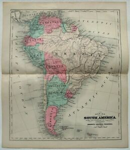 South America Original 1877 Copper Plate Map Map By A J Johnson