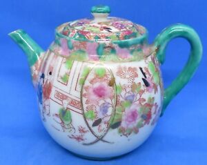 Japanese Kutani Vintage Art Deco Oriental Antique Green Glaze Teapot B