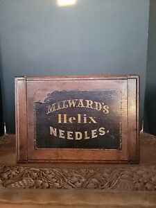 Antique Sewing Box Wood Advertising Milward S Helix Needles Dovetail As Is