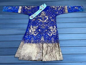 Antique Early 1900s Chinese Blue Silk Robe With Gold Metallic Dragons