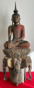 Antique Late 19th Century Wood Carving Of A Buddha On Elephants Thailand