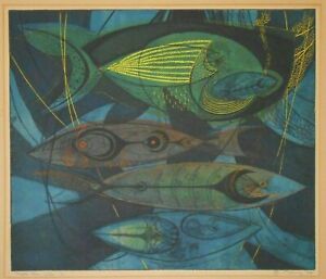Rare Daniel P Pierce Usa 1920 2014 Pencil Signed 1953 Aquatint Fish In Net 2 