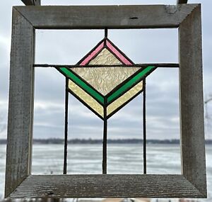 Mission Style Framed Stained Glass Window Pink Lt Yel Green Design