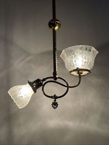 Antique Victorian Brass Pendant Light Converted Gas Gasolier Arts Crafts Deco