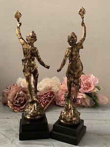 Art Nouveau Style French Antique Spelter Figurines Man Lady Standing On Lions