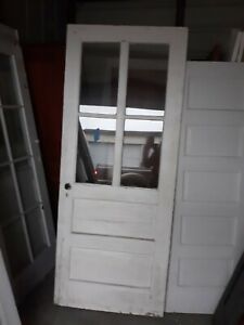 Exterior Antique Wood Door 4 Panes Glass 2 Horizontal Panels 32 X 79 Can Ship 