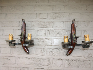 Pair Vintage Faux Flintlock Pistol Electrified Wall Sconces Lamps