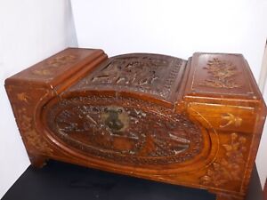 Asian Theme Large Intricate Ornate Handcarved Etched Antique Wooden Box W Inlay