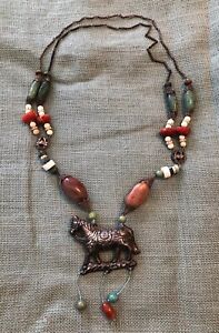 Chinese Sterling Silver Beaded Turquoise Jade Coral Kylin Horse Necklace Old