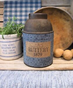 Lg Early Antique Pantry Tin Blue Calico Sleeve Buttery Label