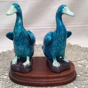 2 Antique Chinese Export Turquoise Mud Duck Figurines Porcelain Polychrome 6 5 
