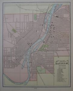 Original 1900 Map Saginaw Michigan Driving Parks Railroads Cemeteries Schools