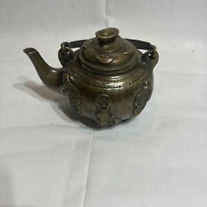 Oriental Brass Bronze Antique Teapot With Coins And Fish Depictions 5 5 