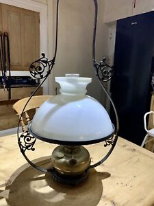 Victorian Ceiling Hanging Oil Lamp Complete Milk Glass Burner Chimney Rare 1