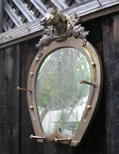 Antique French Dore Bronze Horse Horseshoe Mirror Brass Gilt Key Hanger Vintage