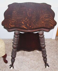 Beautiful Large Antique Tiger Oak Parlor Side Table Glass Ball Claw Feet