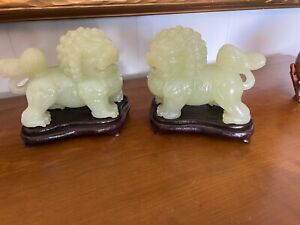 Charming Pair Of Jade Foo Dog Figurines With Stands Each 5 Tall 6 5 Long