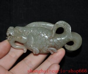 3 China Ancient Hetian Jade Carved Fengshui Sacrifice Arowana Loong Fish Statue