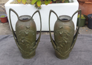 Beautiful Art Nouveau Floral Spelter Bronze Vases Blanche Poccard 1902 Rare