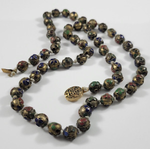 Vintage Cloisonn Beaded Necklace Gold Tone Chinese Hand Knotted Necklace Enamel