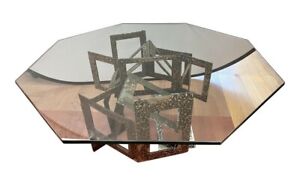 Mid Century Brutalist Evans Style Sculptural Metal Glass Cocktail Coffee Table
