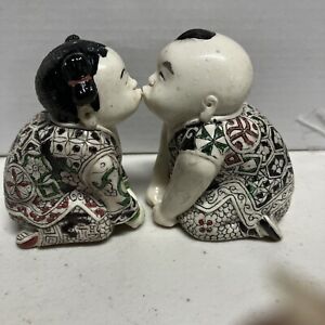 Netsuke Japanese Carved Solid Resin Figurine Boy Girl Kissing Dolls