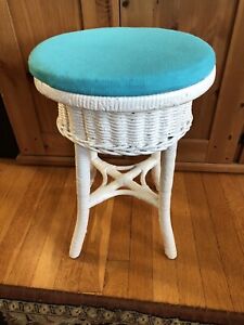 Vintage White Wicker Stool Rattan 19 Patio Bar Teal Cover