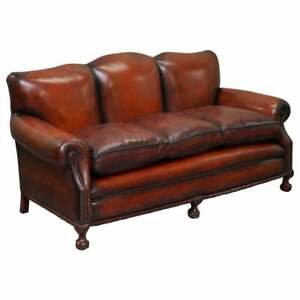 Restored Victorian Hand Dyed Brown Leather Sofa Claw Ball Feet Feather Cushion