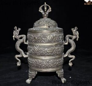 7 Old Chinese Copper Dragon Eight Treasure Symbol Incense Burner Censer