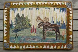 Antique Hooked Rug Folk Art Moose Woodland Scene 25 By 34 Inches