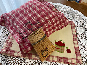 Country Farmhouse Decor Apples In Basket Red Check Pillow Vintage Basket Lot