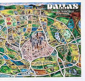 1986 Dallas Texas Map Original Pictorial Large Beautiful Grapevine Cotton Bowl