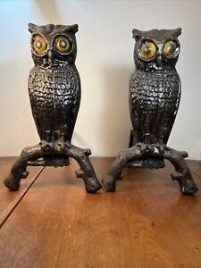 Cast Iron Owl Andirons Vintage Set Of 2 Black 14 High Fireplace Hearth Birds