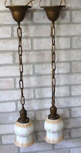 Pair Antique Vintage Brass Pendant Light Fixtures Floral Painted Shades New Wire