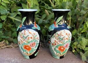Old Antique Republic Of China Famille Noire Chinese Porcelain Vase Set Pair