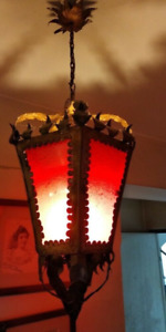 Red Glass Vintage Lamp Sconce Ceiling Lighting Brass Metal Chandelier Portugal