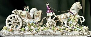 Large 14 Fabris Dresden Lace Porcelain Figurine Lady In Horse Carriage Coachmen
