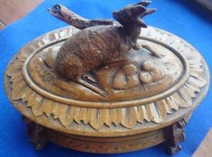 Beautiful Antique Hand Carved Wood Swiss Black Forest Casket Jewellery Box Goat