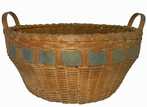 19th C New England Antique Primitive Splint Ash Gthrng Basket W Grn Band Handles