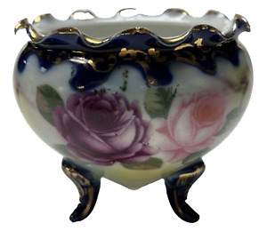 Old Nippon Japan Hand Painted Footed Rose Bowl Roses Gold Cobalt Blue