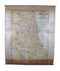 Antique Chicago Illinois National Map Commercial Rollup Classroom Census Map 47 
