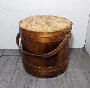 Vintage Rustic Primitive Wood Firkin Sewing Barrel Bucket Basket Lid Stool
